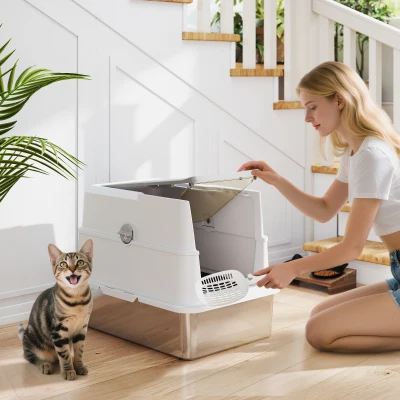 PawHut Caixa de Areia XL em Aço Inoxidável para Gatos, Fechada, com Tampa Rebatível, Bordo Alto, Pá e Sistema Anti-fugas, Cinzento-claro