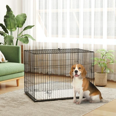 PawHut Gaiola Dobrável para Cães com Almofada, Portas e Tabuleiro Removível, 90 x 57,5 x 62 cm, Preto e Bege