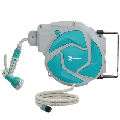 DURHAND Manguera Retráctil de Pared con Carrete de 10+1 m con Retorno Enrollado Automático y Boquilla de 7 Funciones Gira 180°