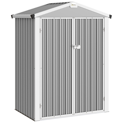 Outsunny Cobertizo de Jardín Exterior 1,1 m² 133x87x178 cm con 2 Puertas Abatibles Techo a Dos Aguas y Guantes Gris Plateado