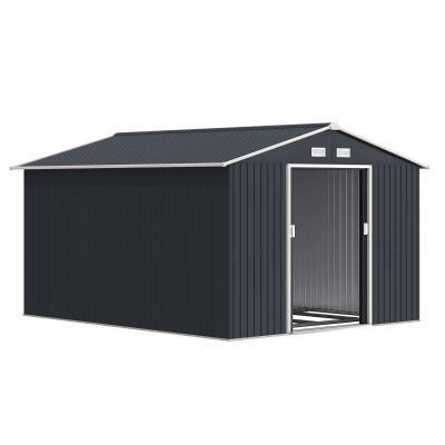 Outsunny Abrigo de Jardim Metálico para Armazenamento de Ferramentas com Base de Reforço Incluída e 4 Janelas 277x322x192 cm Cinza Escuro