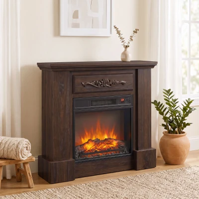 HOMCOM Lareira Elétrica de Piso 1800W com Efeito Chama, Telecomando, Temporizador e Temperatura Ajustável, Castanho