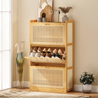 HOMCOM Zapatero Estrecho de Bambú con 3 Cajones Abatibles de Ratán para 18-21 Pares de Zapatos 69x29x119,8 cm Natural