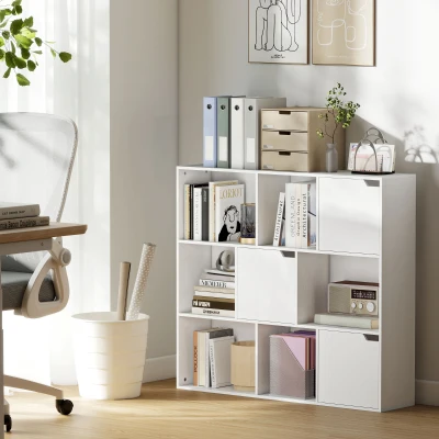 HOMCOM Estante para Livros de 3 Níveis com 9 Cubos, 3 Portas e 6 Compartimentos Abertos, 106x24x95 cm, Branco