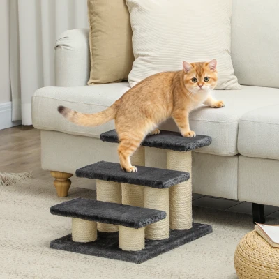 PawHut Hundetreppe 3 Stufen 34 cm Hoch Haustiertreppe für Hunde Katze Katzentreppe mit Kratzstamm Hunderampe Einstiegshilfe für Bett, Sofa, Couch Dunkelgrau