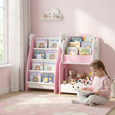 AIYAPLAY 3-in-1 Kinderrek met speelgoedopslag, Modulair boekenrek met 4 vakken & 3 lagen en nachtkastje, Roze