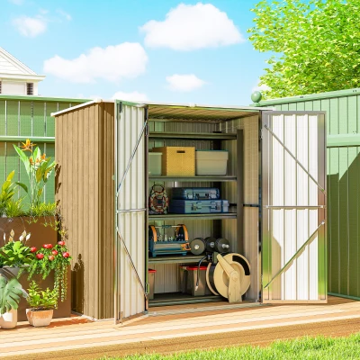Outsunny Cobertizo de Jardín Exterior Metálico 1,37 m² 163x89x163 cm con Techo Inclinado, Puertas con Pestillo y Guantes Marrón