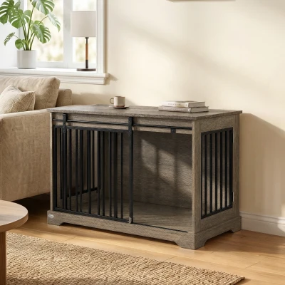 PawHut Jaula para Perros en Madera y Acero con Puerta Corredera, Mesa Auxiliar, Caseta Moderna, 100x60x68cm, Gris-Marrón Claro