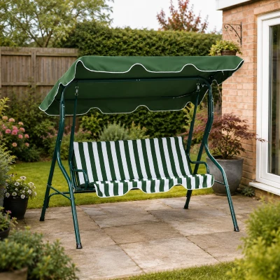 Outsunny 3-Seater Garden Swing Chair Metal Frame Green Stripes