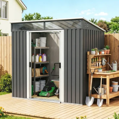 Outsunny Caseta de Jardín 195x122x181,5 cm con Puerta Corredera 2 Ventanas y Anti-UV para Almacenar Herramientas Gris Oscuro