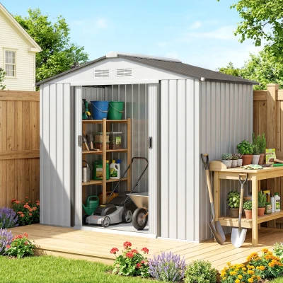 Outsunny Abrigo de Jardim 213x130x185cm Abrigo de Jardim Metálico de Exterior com 2 Portas Deslizantes e 4 Janelas Branco e Cinza