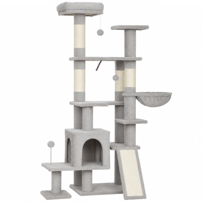 PawHut Árvore Arranhadora para Gatos 152 cm Multinível com Casinha, Rede, Cama, Escada Arranhadora, 4 Postes de Sisal e Bolas, Cinzento Claro