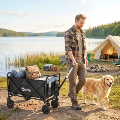 Outsunny Carro de Jardín Plegable con 4 Ruedas Longitud y Ángulo del Mango Ajustables Capacidad 70 L 77x50x63-93 cm Negro