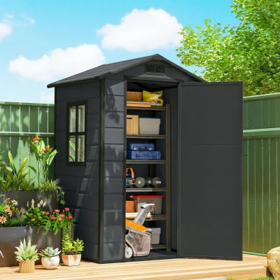 Outsunny Cobertizo de Jardín Exterior 1,09 m² 128x104x196 cm con Suelo Puerta con Cerradura Ventana y Ventilación Gris Oscuro