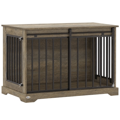 PawHut Jaula para Perros en Madera y Acero con Puerta Corredera, Mesa Auxiliar, Caseta Moderna, 100x60x68cm, Gris-Marrón Claro