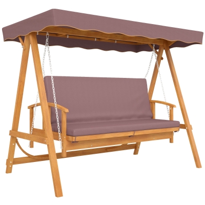Outsunny Hollywoodschommel met zonnescherm, echt houten tuinschommel, schommelbank met ligfunctie, voor 3 personen, Bruin