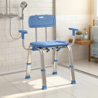 HOMCOM Cadeira de Duche para Pessoas Idosas com Apoio de Braços Ajustável Antideslizante e Altura Ajustável 60-70x52x62-72 cm Azul