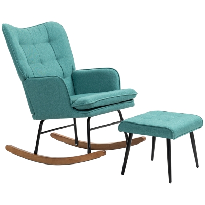 HOMCOM Schommelstoel met Voetenbank, Comfortabel, Tot 130 kg, Linnenlook, 64x89x90cm, Donkergroen