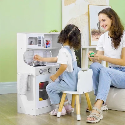 AIYAPLAY Kinderkeuken - Speelkeuken met Telefoon, Krijtbord, Magnetron, Fornuis, Spoelbak, Accessoires, IJsblokjesmachine, 3-8 Jaar, Wit