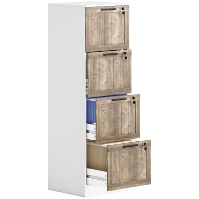 HOMCOM Cajonera de Escritorio con 4 Cajones Cerradura 2 Llaves Barras Colgantes para A4 Carta 39,4x40x129 cm Blanco y Madera