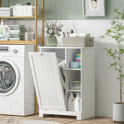 HOMCOM Mueble de Baño con Cesto Ropa Sucia Cesta Extraíble Estante Ajustable y Compartimentos para Baño 60x38x86 cm Blanco