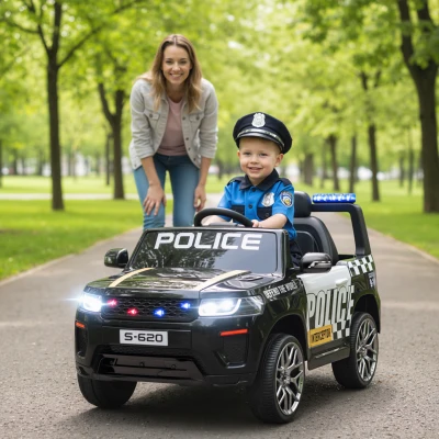 AIYAPLAY Coche Eléctrico para Niños de Policía con Mando a Distancia Motor Doble Sirena Suspensión en 4 Ruedas y Faros Negro