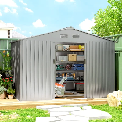 Outsunny Abrigo de Jardim Exterior 4,9 m² 277x195x192cm Abrigo e Jardim Metálico para Armazenamento de Ferramentas Cinzento