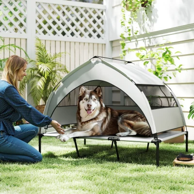 PawHut Hundeliege Outdoor mit Dach, Erhöhtes Hundebett für extra große Hunde, mit Stahlrahmen, 122x92x94cm, Hellgrau