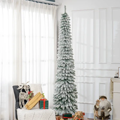 HOMCOM Schmaler verschneiter Weihnachtsbaum 240 cm mit 603 Zweigen und klappbarem Metallständer für Wohnzimmer Innenbereich Grün