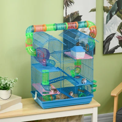PawHut Jaula para Hámster de Múltiples Niveles con Tubos Plataformas Comedero Bebedero Casita Rueda Escaleras 47x30x59 cm Azul
