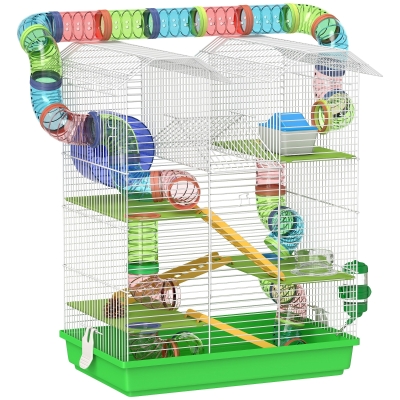 PawHut Jaula para Hámster de 5 Niveles 47x30x59 cm con Túnel Comedero Bebedero Casita Rueda de Ejercicio Escaleras Verde