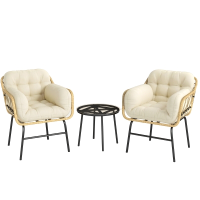 Outsunny Salon Jardin 3pcs Résine Tressée Kaki Table Verre Fauteuils