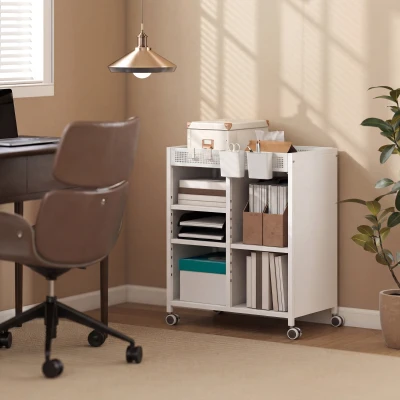 HOMCOM Bücherregal auf Rollen, 4-stufig, verstellbare Regalböden & Hängekörbe für Home Office und Wohnzimmer, Weiß