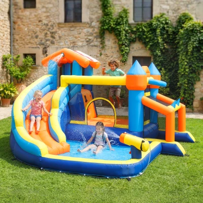 AIYAPLAY Castillo Hinchable Acuático 8 en 1 con Soplador 550W Tobogán Trampolín Escalada Piscina Portería Canasta Lanzamiento