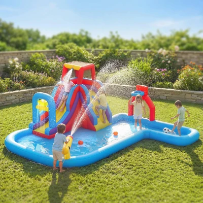 AIYAPLAY Castillo Hinchable Acuático con Soplador 550W Tobogán Pared de Escalada Piscina Aro de Baloncesto Portería de Fútbol