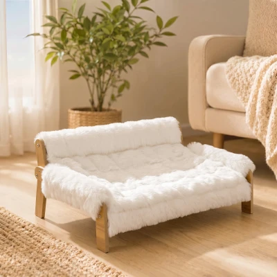 PawHut Canapé Chien Bois Surélevé 70x47x30cm Coussin Blanc