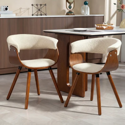HOMCOM Esszimmerstuhl, Stoff in Leinenoptik, gebogene Rückenlehne, Holzbeine, Beige