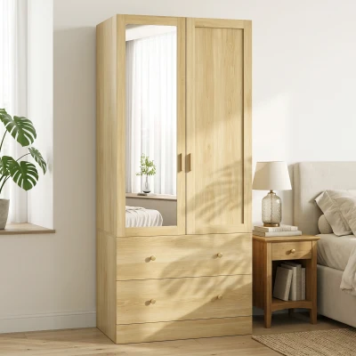 HOMCOM Roupeiro quarto com espelho, 2 portas, 2 gavetas e varão de suspensão, 80 x 50 x 180 cm, carvalho