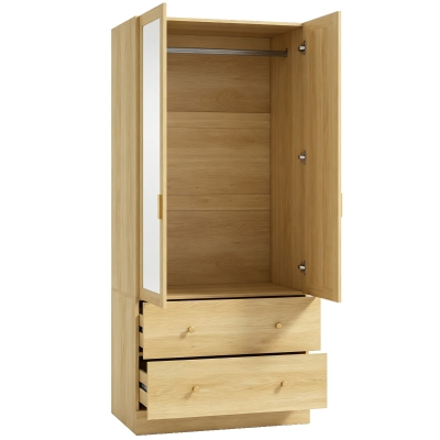 HOMCOM Armario de Dormitorio con Espejo 2 Puertas 2 Cajones y Barra para Colgar 80x50x180 cm Roble