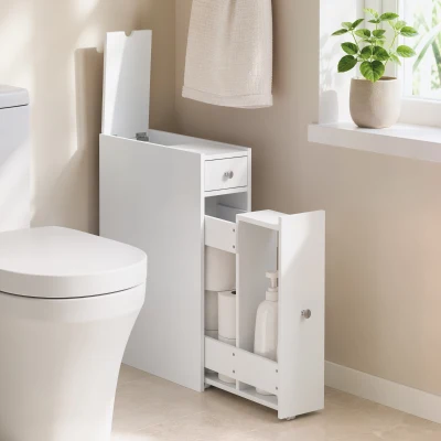 HOMCOM Móvel de Banheiro Slim com 2 Gavetas e Compartimento Aberto, para Banheiro, Cozinha, Lavanderia e Sala, 16x48x58 cm, Branco