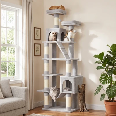 PawHut Kratzbaum 204 cm Katzenbaum mit Höhlen Leiter mehrstöckiger Katzenkratzbaum für 1–3 Katzen je bis 6 kg Hellgrau