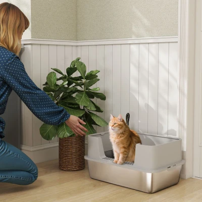 Litieră pentru Pisici Închisă din Oțel Inoxidabil XL cu Lopățică și Laterale Înalte, Gri