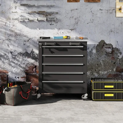 HOMCOM Gereedschapskast met 5 lades, verrijdbare gereedschapskist, gereedschapswagen van staal, Zilvertint+Zwart
