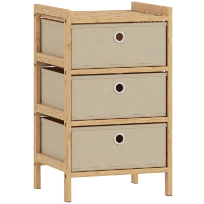 HOMCOM Cómoda con 3 Cajones de Tela Estructura de Bambú Cajonera para Espacios Pequeños Crema y Natural