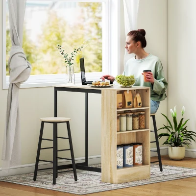 HOMCOM 3-delige Bartafelset, 1 Counter, 2 Stoelen, met Opbergruimte en Voetsteunen, Ruimtebesparend, Lichtbruin+Zwart