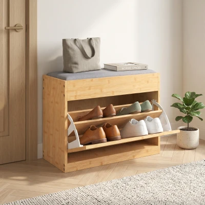 HOMCOM Banco Zapatero Recibidor con Asiento Acolchado Cajón Abatible Puerta de Ratán Estante Ajustable para Entrada Natural