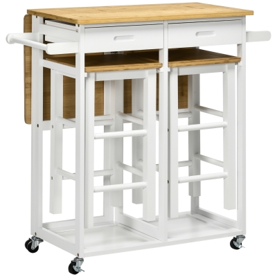 HOMCOM Juego de Mesa Alta de Bar y 2 Taburetes con Ruedas Mesa Plegable de Cocina con Taburetes 86x75,5x83,5 cm Natural