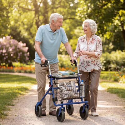 HOMCOM Andador para Ancianos Plegable con Asiento 4 Ruedas Altura Ajustable Frenos de Maneta Cesta Bandeja Porta Bastón Azul