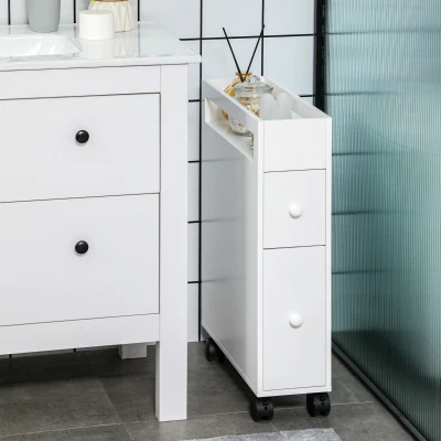 HOMCOM Badkamerkast op wielen, smal design, twee lades, vier wielen, wit, 16 x 49,5 x 66 cm