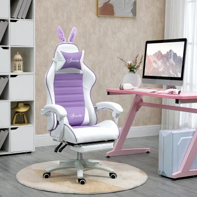 Vinsetto Ergonomische Gaming Stoel met Lendensteun, Voetensteun, Konijnenoren en Hoofdkussen - Paars